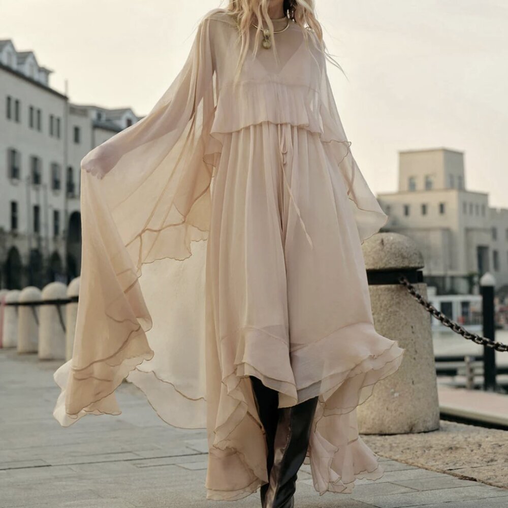 Chiffon Layered Maxi Dress With Cloak | Size Large | Pink